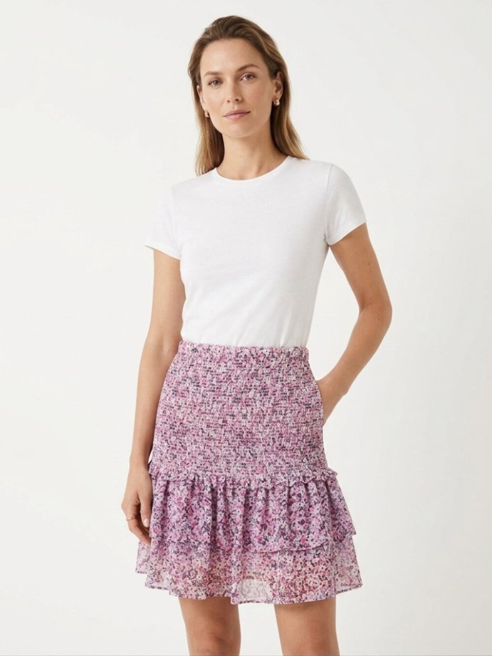 KARL LAGERFELD PINK PURPLE FLORAL SMOCKED RUFFLE TIERED MINI SKIRT - M